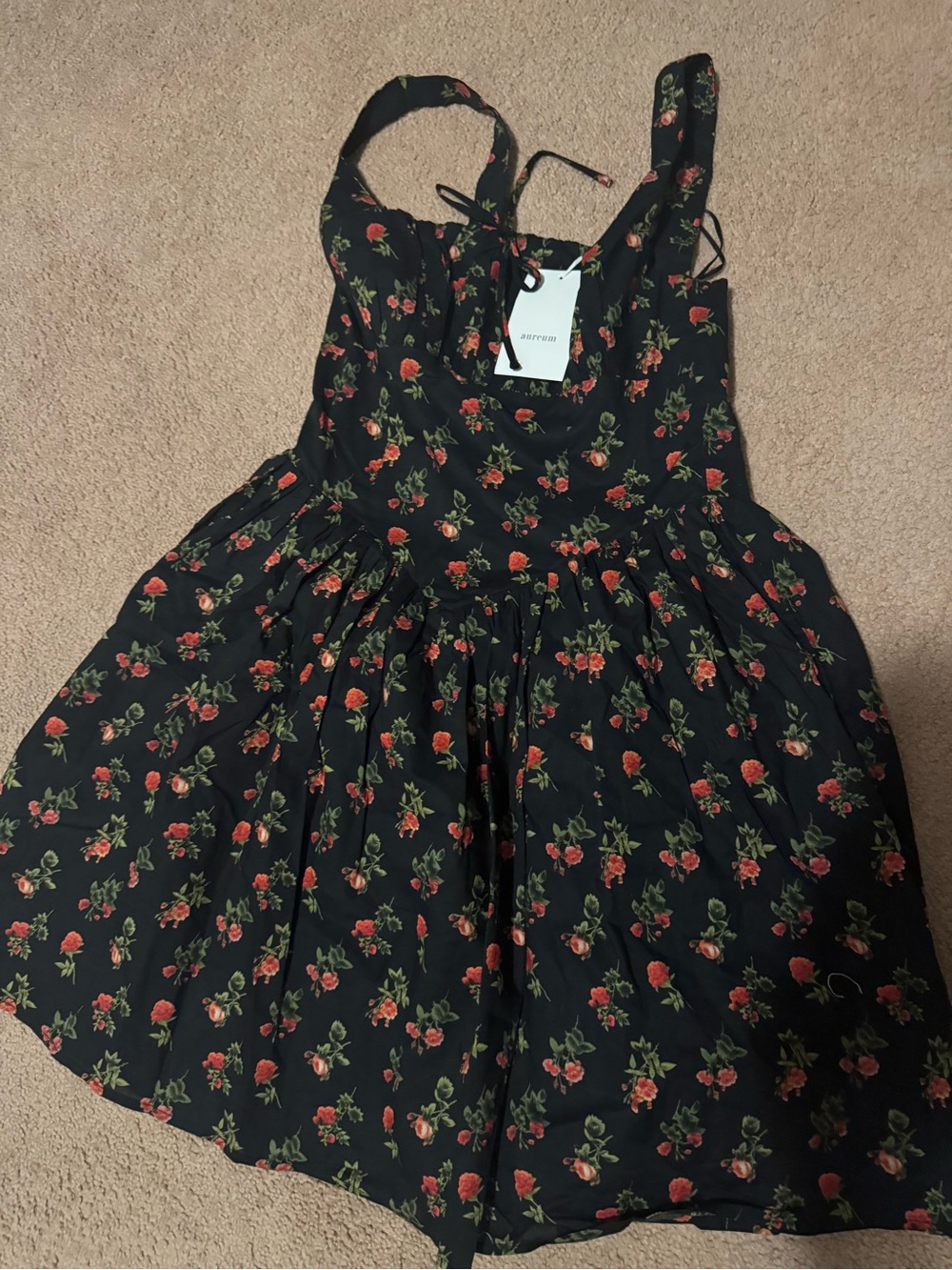 AUREUM Black Sundress with Red Rose Print